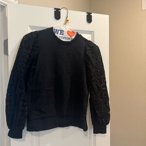 Women's Black Puff-Sleeve Eyelet Crewneck Sweater